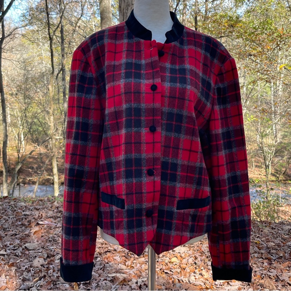 Liz Sport Red and Black Plaid Wool Blend Holiday Blazer 14
